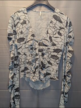 Free People Black & Steel Grey Floral Ruched V-Neck Blouse